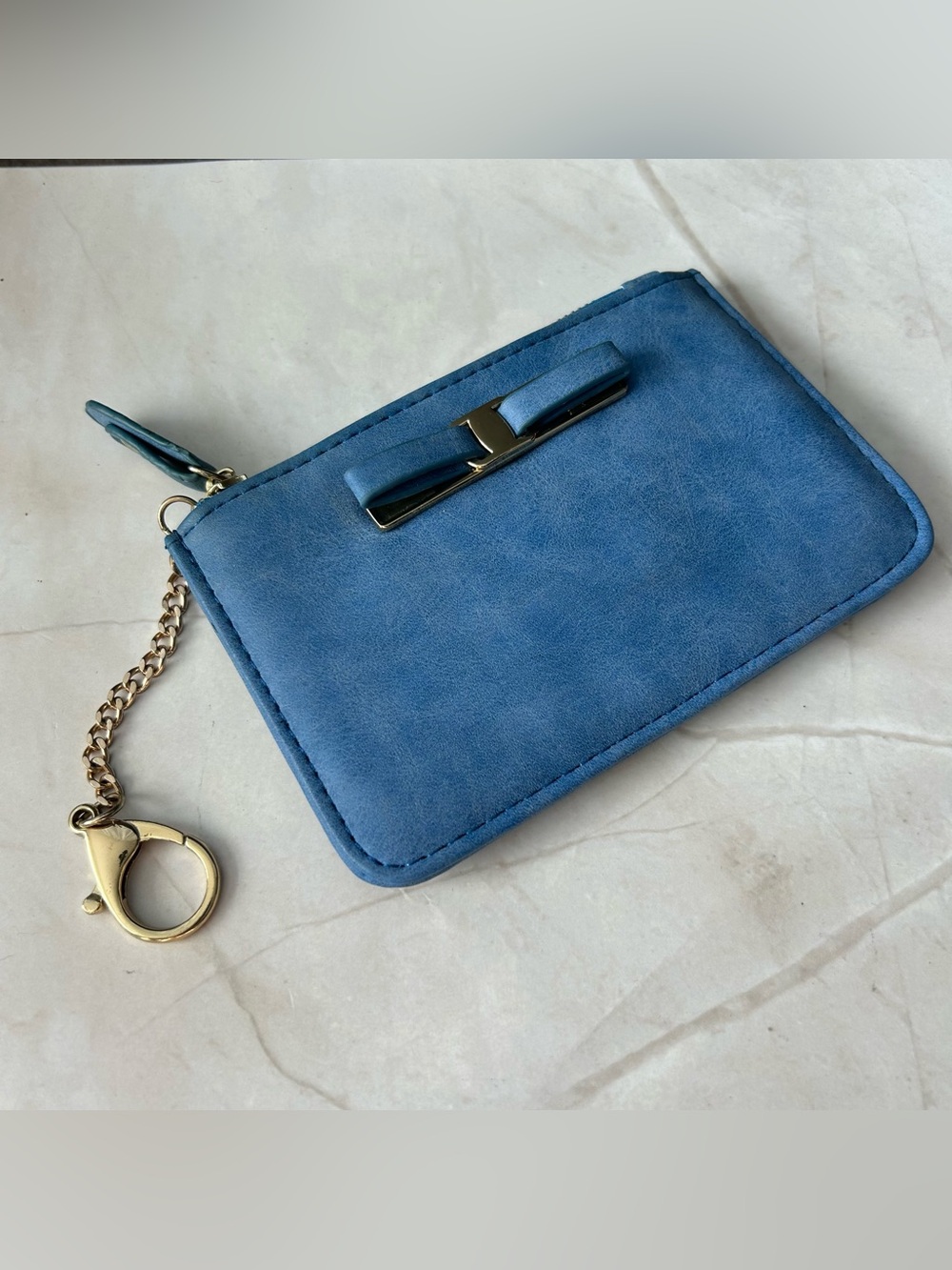 Blue Suede Bow Accent Wristlet Key Pouch